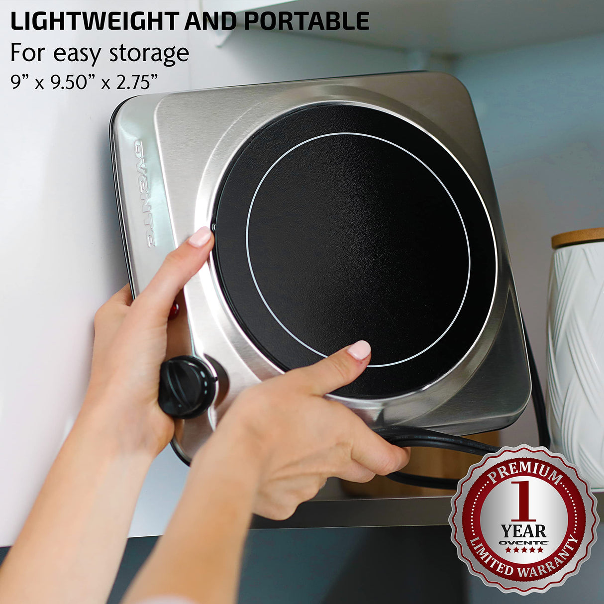 OVENTE Countertop Infrared Single Burner, 1000W Electric Hot Plate with 7” Ceramic Glass Cooktop, 5 Level Temperature Setting & Easy to Clean Base, Compact Stove for Home Dorm Office, Silver BGI101S OVENTE