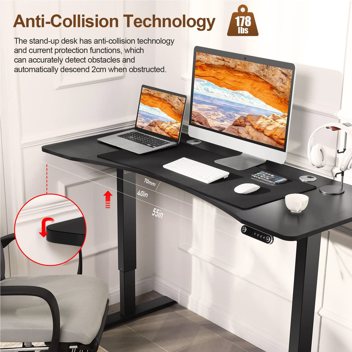 farexon Electric Standing Desk Adjustable Height, 48x24 Inches Computer Desk with Ergonomically Curved Desktop, Multifunctional Stand up Desk for Home/Office(Black) farexon