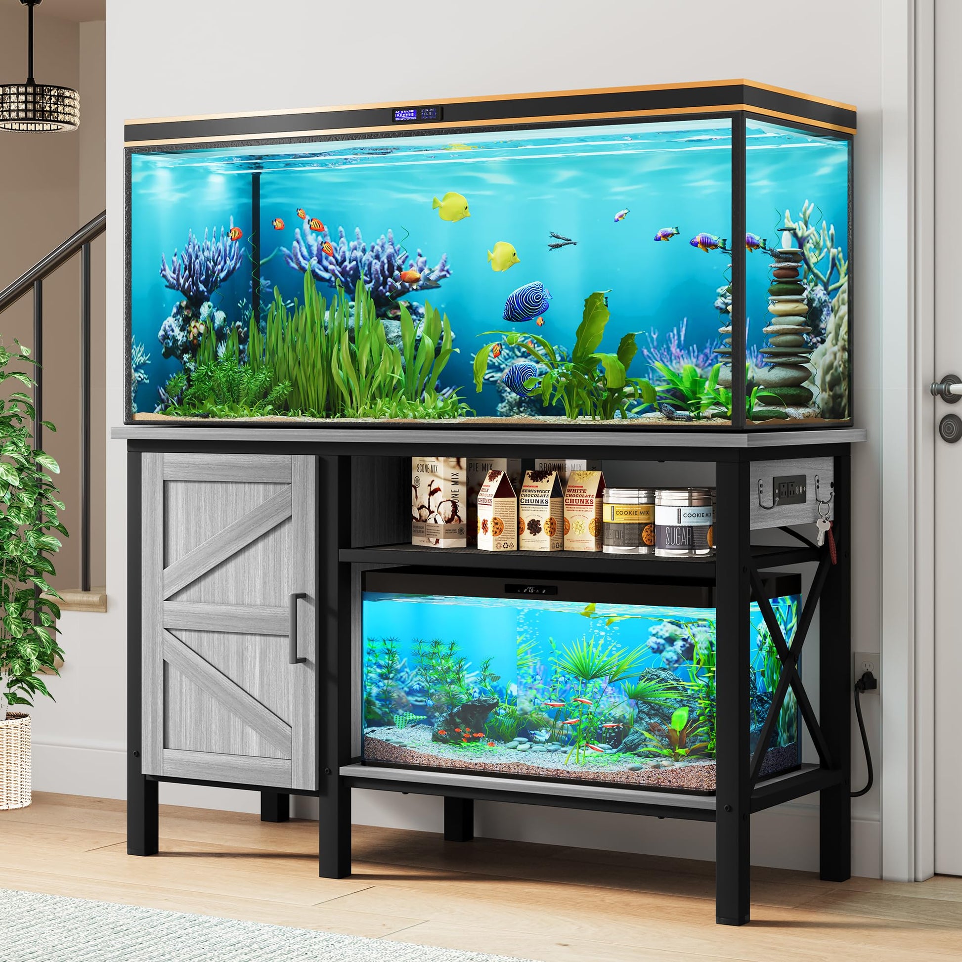 YITAHOME Heavy Duty Metal Aquarium Stand with Power Outlets, 55-75 Gallon Fish Tank Stand with Cabinet Accessories Storage Suitable for Fish Tank, Turtle Tank, 880LBS Capacity, White - WoodArtSupply