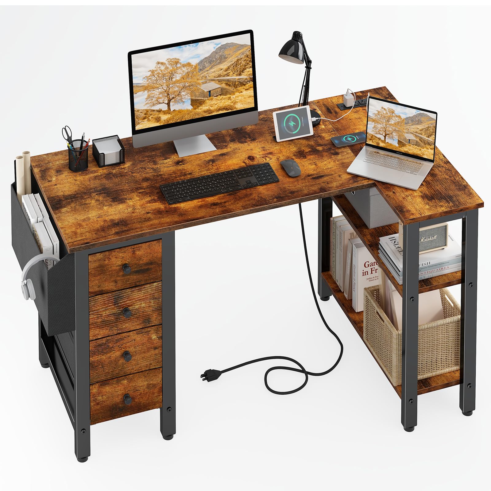 Lufeiya L Shaped Desk with Drawers & Storage Shelves, 47 Inch Corner Computer Desk with Power Outlet for Home Office Bedroom, L-Shaped Gaming PC Desks with Fabric Drawer, Rustic Brown - WoodArtSupply