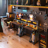 MOTPK Gaming Desk with Power Outlet & LED Lights, Gaming Computer Desk 39inch with PC Storage Shelf, Gaming Table with Carbon Fiber Texture, Gamer Desk, Gift for Boys Men, Black MOTPK