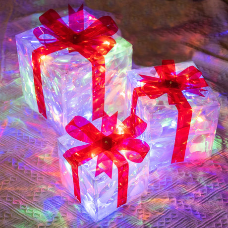 Hourleey Set of 3 Christmas Lighted Gift Boxes, Pre-lit 60 LED Light Up Present Boxes Ornament Decorations for Indoor Outdoor Xmas Tree Home Yard Lawn Decor (Multicolor) Hourleey