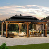Modern Shade The Horizon Permanent Hardtop Gazebo 12' x 20' w/ 4 LED Lights, Outdoor Gazebo w/Galvanized Steel Double Roof, Patio Pavilion w/Decor Hooks, Mosquito Nettings, Wood-Looking Modern Shade Outdoor Living Spaces