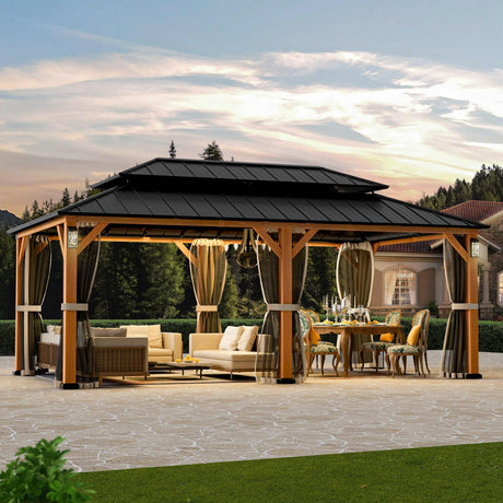 Modern Shade The Horizon Permanent Hardtop Gazebo 12' x 20' w/ 4 LED Lights, Outdoor Gazebo w/Galvanized Steel Double Roof, Patio Pavilion w/Decor Hooks, Mosquito Nettings, Wood-Looking Modern Shade Outdoor Living Spaces