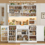 HIFIT 72.8” Tall Kitchen Pantry Cabinet with LED & Charging Station, 55” Wide Farmhouse Pantry Storage Cabinet with Microwave Stand&Shelves&Barn Doors, Kitchen Hutch Coffee Bar for Living Room, White HIFIT