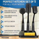 Dish Brush Set of 5 with Convenient Holder, Bottle Water Brush, Dish Scrub Brush, Scrubber Brush and Straw Brush - Kitchen Scrub Brushes Non Slip Long Handle for Sink Dishes Cup Pot Trazon