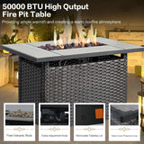 XTWEEX 7 Pieces Outdoor Patio Furniture Conversation Set Rattan Wicker with Fire Pit Table, 3 Seat Sofa, 2 Swivel Rocker Chairs, 2 Ottomans and 1 Side Table for Yard Backyard BNB (Brown/Navy Blue) XTWEEX