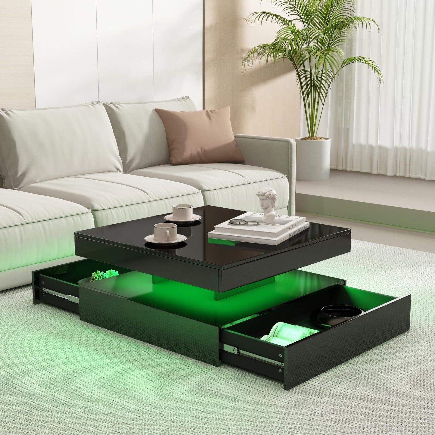 Black Coffee Table Square with LED Lights, High Glossy Center Table with Storage, Lighted Cocktail Table with Sliding Drawers, Modern Mid Century Table for Living Room, Home and Office