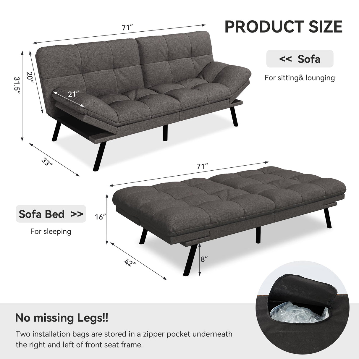 Vipbear Convertible Futon Sofa Bed,Dark Grey Linen Futon Couch with Detachable Cushion,Adjustable Backrest & Armrest,Modern Small Recliner Loveseat Sleeper Couch for Living Room,Office,Apartment Vipbear