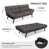 Vipbear Convertible Futon Sofa Bed,Dark Grey Linen Futon Couch with Detachable Cushion,Adjustable Backrest & Armrest,Modern Small Recliner Loveseat Sleeper Couch for Living Room,Office,Apartment Vipbear