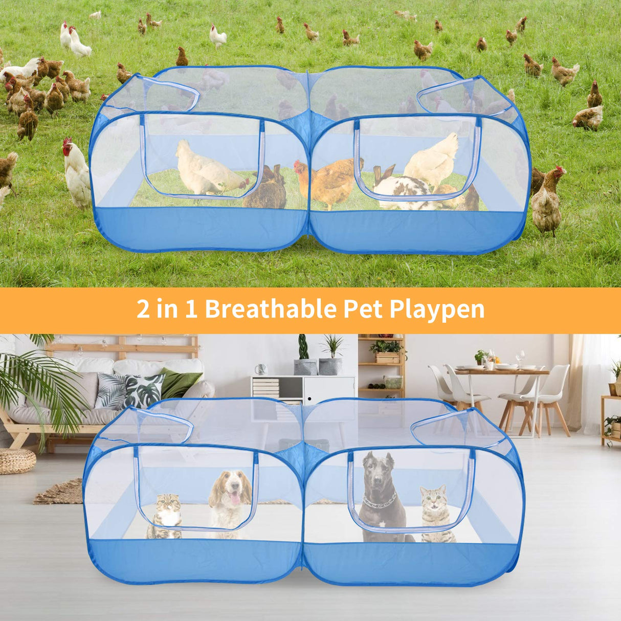Jhua Pet Playpen for Small Animals, Portable Chicken Run with Cover, Foldable Chicken Coop Outdoor, Play Pens for Small Pets with Transparent Mesh Walls for Chicken Duck Puppy Cat Rabbit (Blue) Jhua