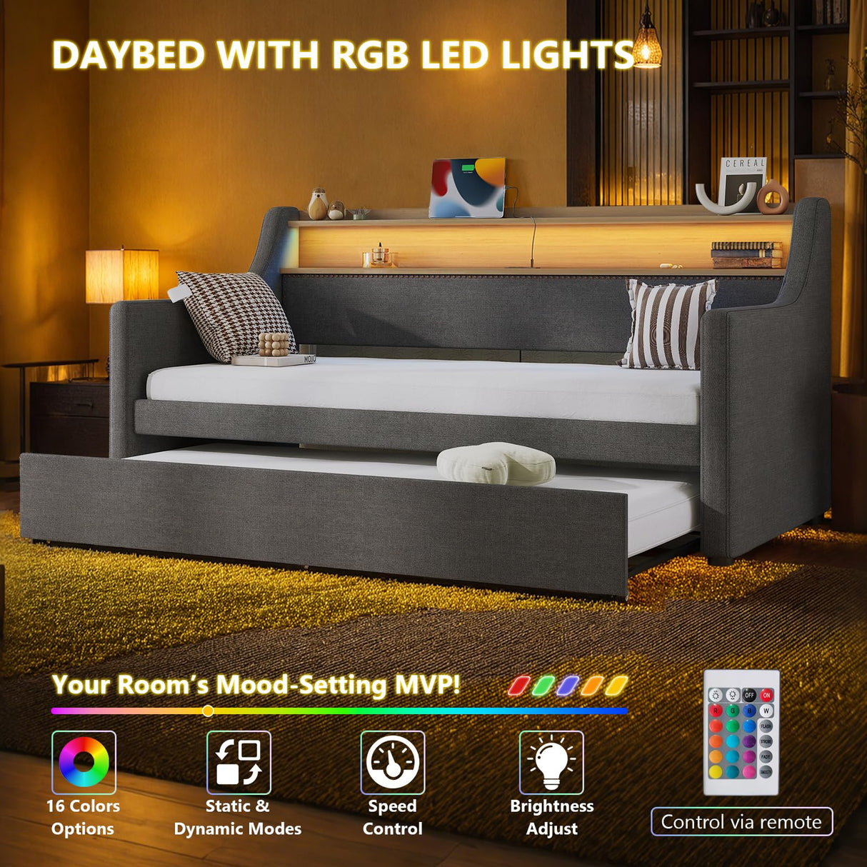 Twin Upholstered Daybed & Roll-Out Trundle, Linen Frame with LED Light, Built-in Charging Station, Storage Headboard & Rolling Guest Bed for Living Room Bedroom Guest Room, Gray Lyngins