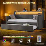 Twin Upholstered Daybed & Roll-Out Trundle, Linen Frame with LED Light, Built-in Charging Station, Storage Headboard & Rolling Guest Bed for Living Room Bedroom Guest Room, Gray Lyngins