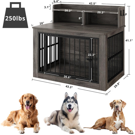 IRONCK Extra Large Dog Crate Furniture, 43.3 inches Wooden Dog Crate with Storage and 4 Hooks, Heavy Duty Pet Crate for Large Dog, Decorative Pet Cage for Indoor (30" L x 43.3" W x 41.1" H) IRONCK
