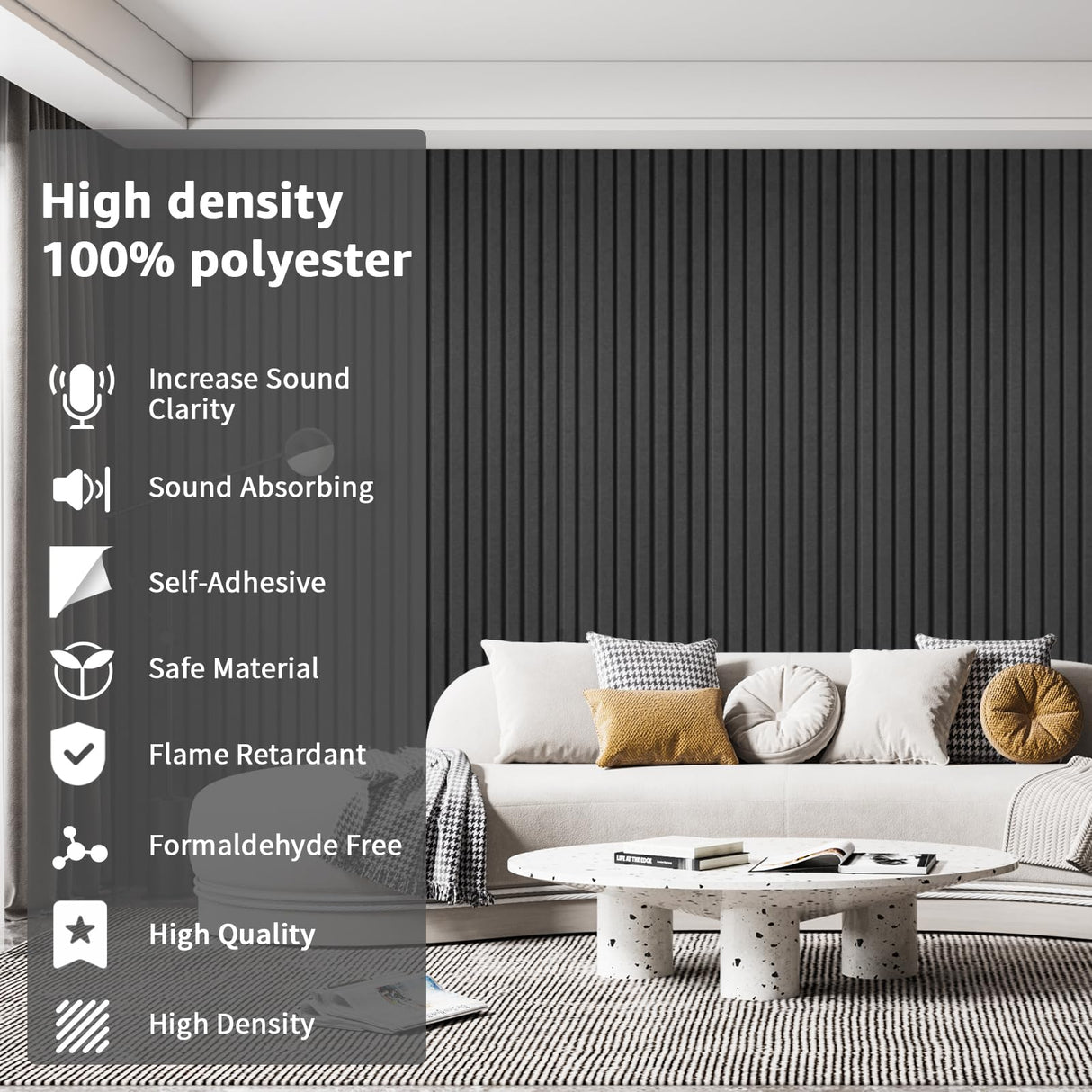 Art3dwallpanels 10 Pack Acoustic Panels, 48" X 12" X 0.35" Soundproof Wall Panels, Self Adhesive High Density Sound Absorbing Acoustic Treatment for Recording Studio, Office, Black Art3dwallpanels