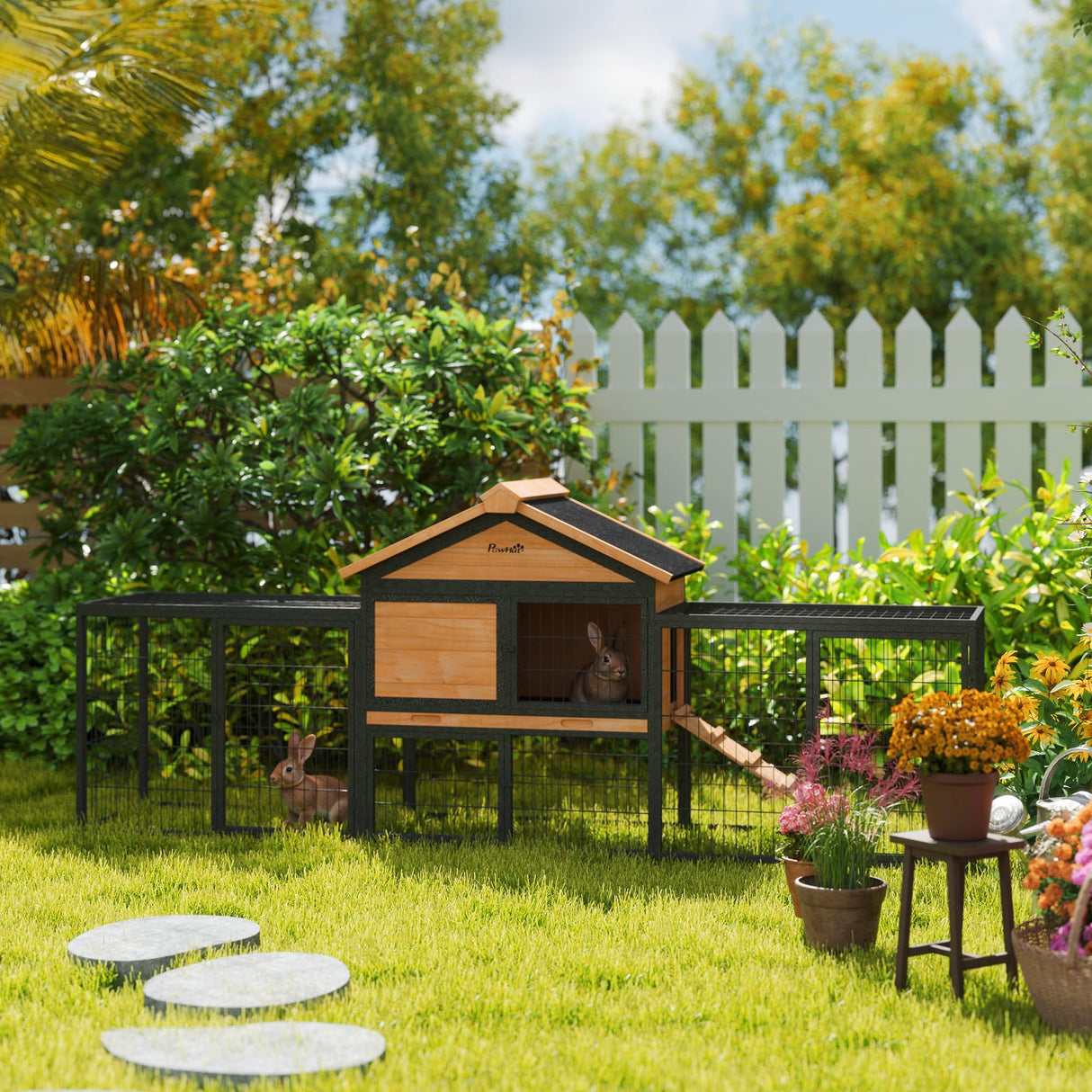 PawHut Rabbit Hutch Outdoor, 85" Large Wooden Bunny Cage with Steel Run, Removable No Leakage Tray, Waterproof Roof, Ramp, Metal Frame Guinea Pig Cage for 2-3 Small Animals Backyard Garden PawHut