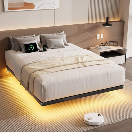 ONBRILL Full Size Floating Bed Frame with Smart LED Lights & USB Charging Station - Heavy Duty Metal Design, Easy Assembly, Noise-Free ONBRILL