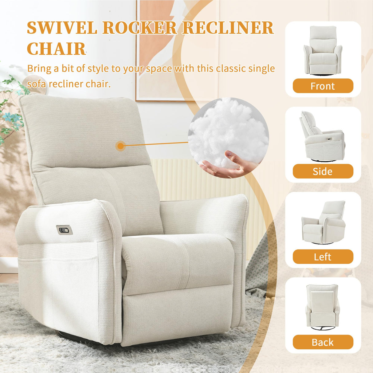 QKFF Power Swivel Rocker Recliner Chair for Nursery, Upholstered Snowflake Velvet 270°Swivel Glider Rocker Chair with USB Ports, Small Power Recliners for Small Spaces Living Room QKFF
