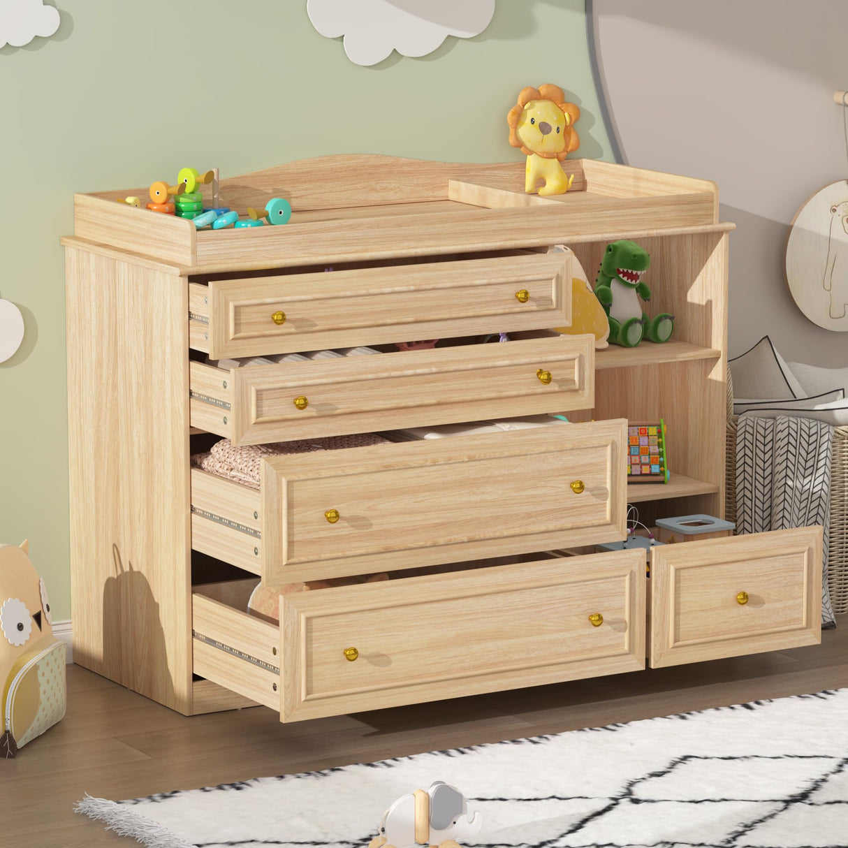 St.Mandyu Wood Changing Table Dresser, Baby Nursery Dresser, Baby Diaper Changing Table, 5 Drawers, Adjustable Shelves, Metal Handle, Curved Wrapping Design, Nature St.Mandyu