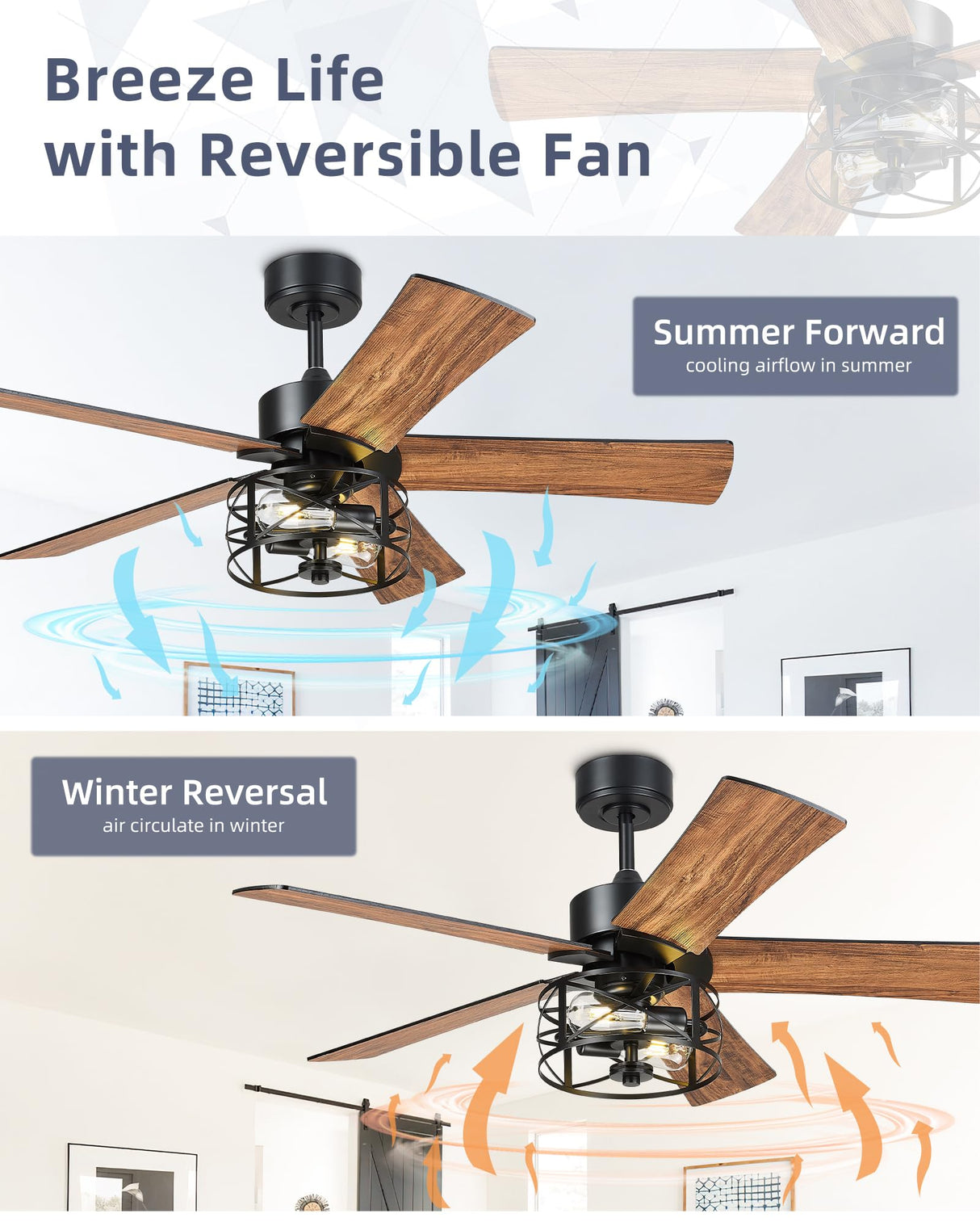YOUKAIN Ceiling Fans With Lights, 48 Inch Farmhouse Ceiling Fans with Lights and Remote, 5-Reversible Blades with Matte Black/Wooden Finish, 48-YJ632-BKW YOUKAIN