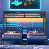 Triple Bunk Beds for Kids with LED Light,Metal 3 Beds Bunk Bed with USB Charge Station & Storage Shelf, Convertible Three Bunk Beds for Girls Boys Teens,Can be Separated into 3 Beds, Black MoproBeti