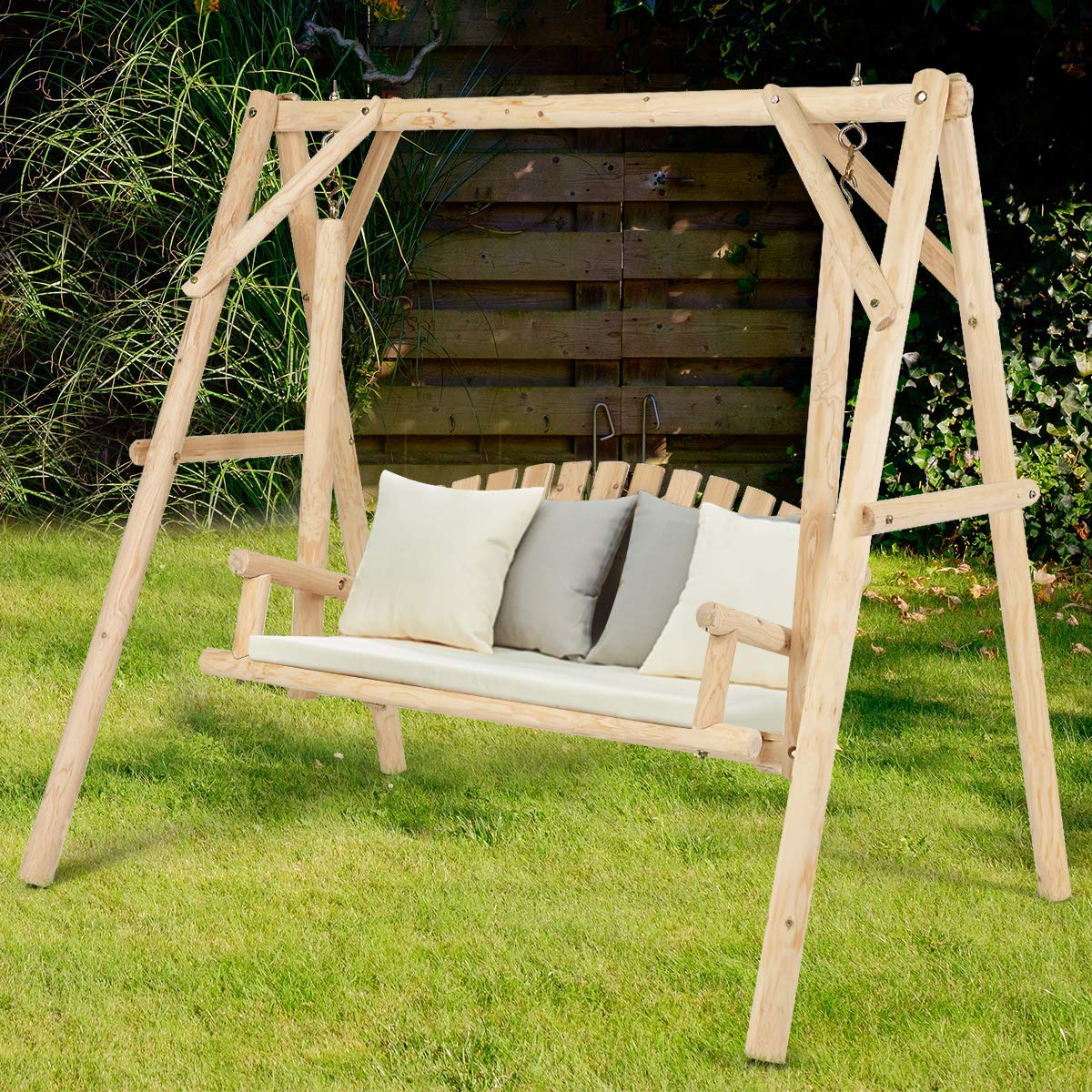 Tangkula Wooden Porch Swing, A-Frame Wood Log Swing Bench Chair, Outdoor Rustic Curved Back Swing Chair for Patio Garden Yard - WoodArtSupply