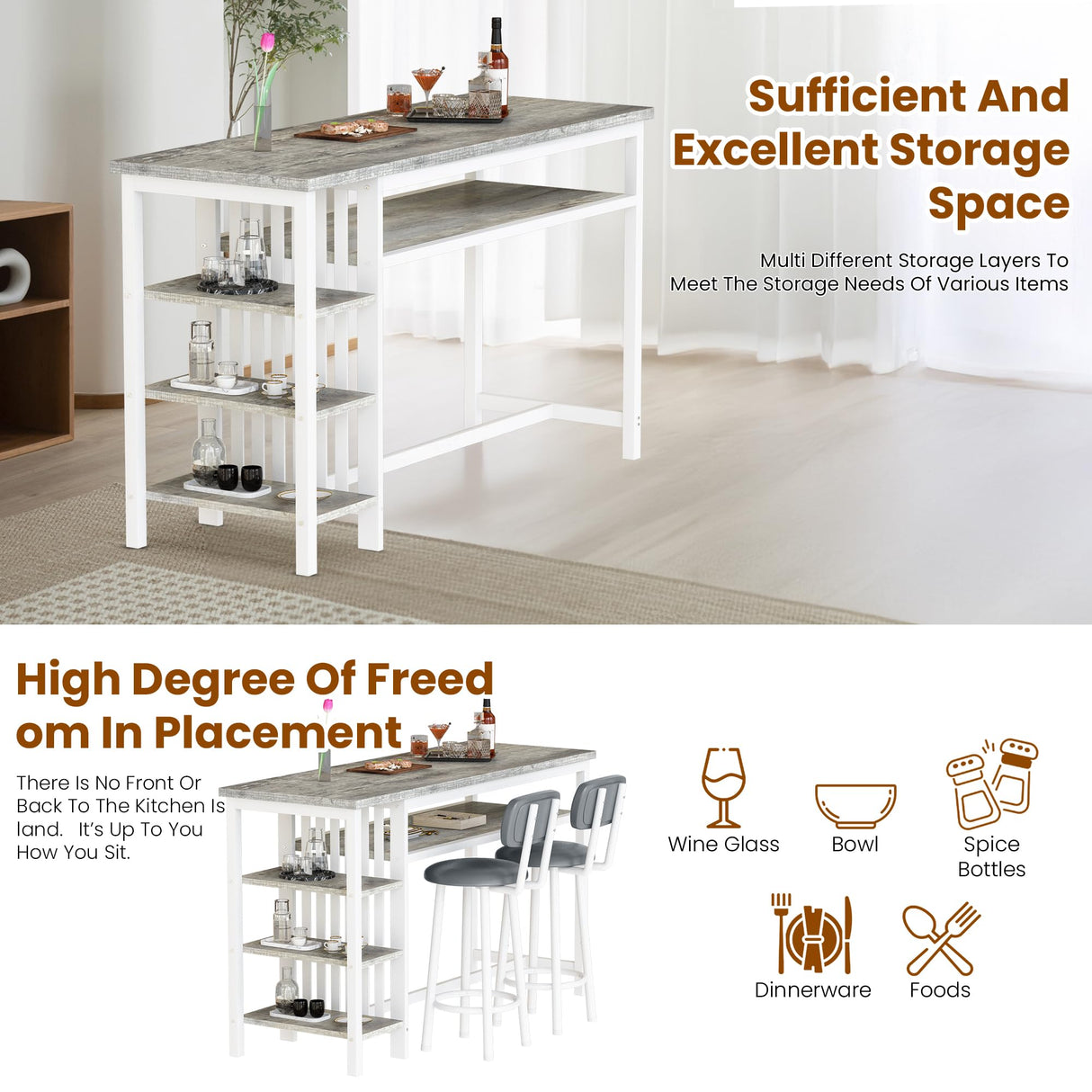 DKLGG Bar Table and Chairs Set of 2, 47" Farmhouse Counter Height Pub Set for 2 Dining Table Set with Storage & Stools Island Table for Kitchen, Home Bar, Grey DKLGG