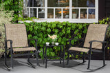 Vongrasig 3 Piece Outdoor Rocking Bistro Set, Textilene Fabric Small Patio Furniture Set, Front Porch Rocker Chairs Conversation Set with Glass Table for Lawn, Garden, Balcony, Poolside (Brown) Vongrasig