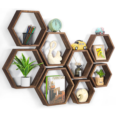 Hexagon Floating Shelves Set of 8 Wood Hexagonal Shelves Brown Wall Decor and Storage Racks for Living Room Floating Honeycomb Plants Shelf Farmhouse Wall Hexagon Hanging Shelf for Bedroom Home CADUKE