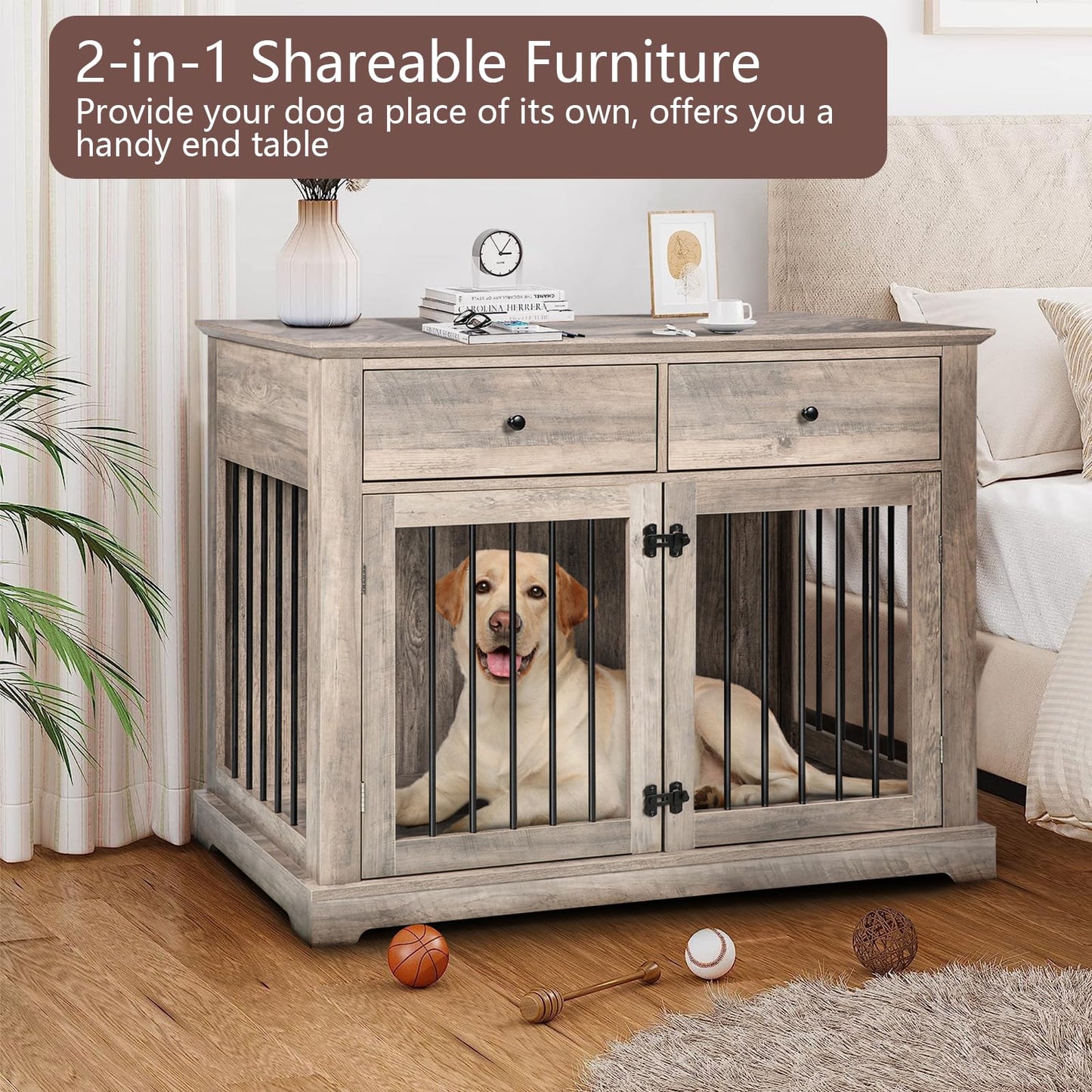 TAVATA Dog Crate Furniture with 2 Drawer, 44'' Large Dog Crate Dog Kennel, Heavy Duty Wood Dog Cage Dog House for Small/Medium/Large Dog, Sturdy Dog Kennel Dog Crate (Grey)