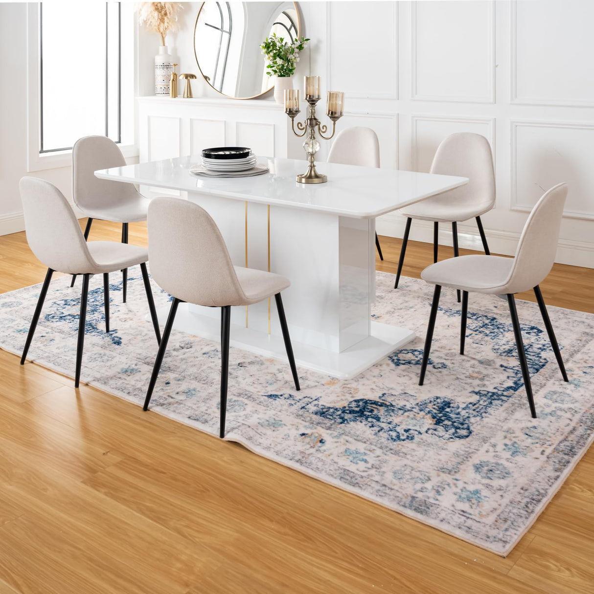 9-Piece High Gloss Dining Table with 8 Beige Fabric Durable Metal Legs Chairs for 6-8 Persons, 63-80.7'' Contemporary Extendable Table Set for Dining Room, Conference Room, Reception Area, White Homy Casa