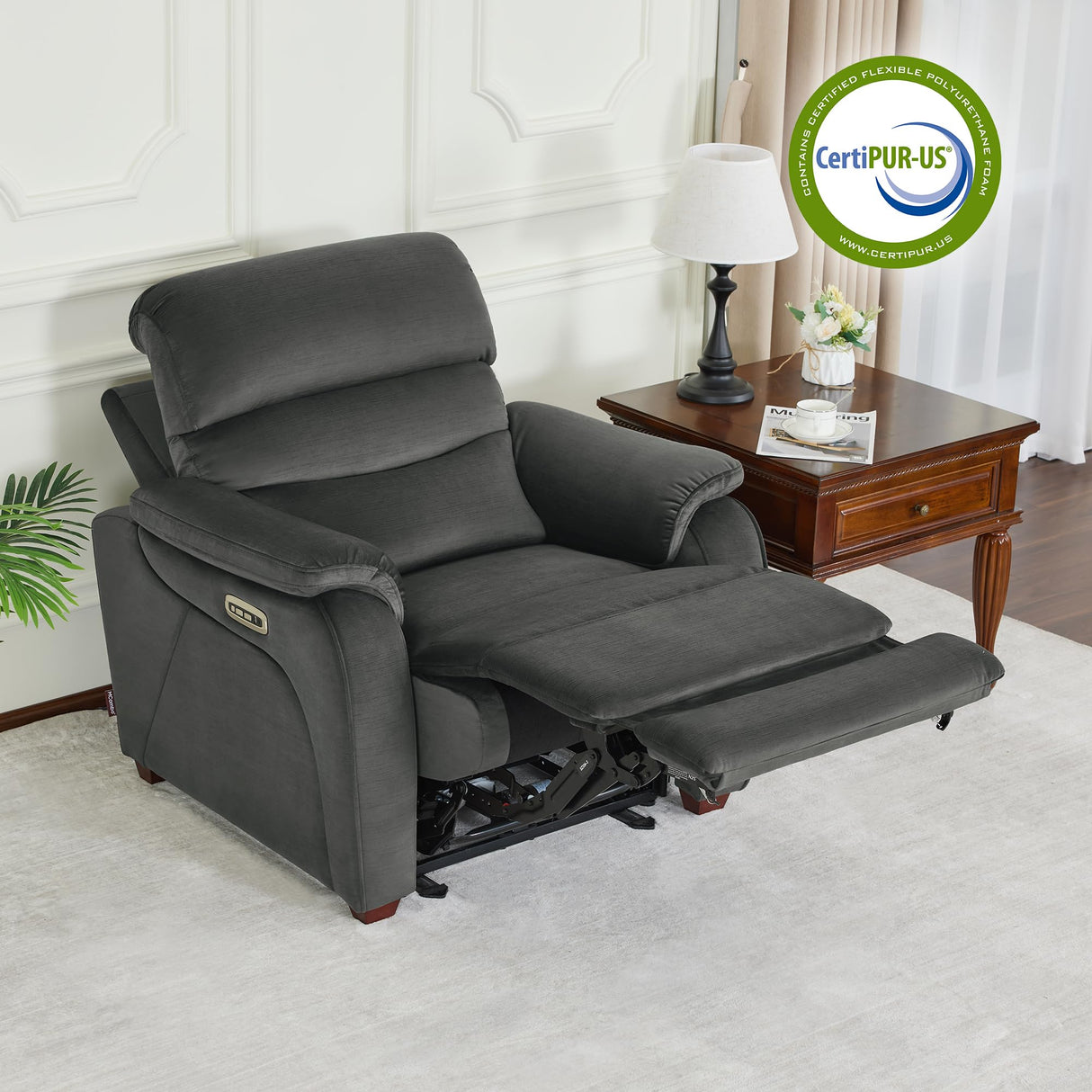 MCombo Power Zero Wall Hugger Recliner Chair for Small Space RV Living Room, Power Recliner with Adjustable Headrest, USB & USB-C Charging Ports, Fabric ST257 (Dark Grey) MCombo