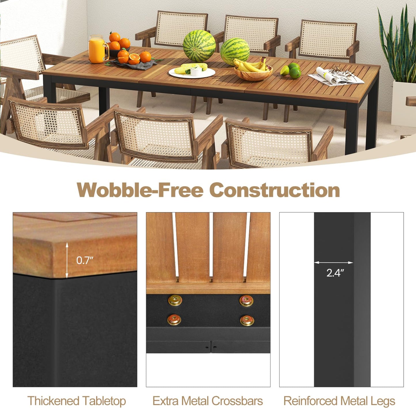 Tangkula 8-Person Outdoor Dining Table, 79 Inch Acacia Wood Patio Table with Umbrella Hole, Metal Legs & Adjustable Foot Pads, Farmhouse Bistro Table for Garden, Poolside & Backyard - WoodArtSupply