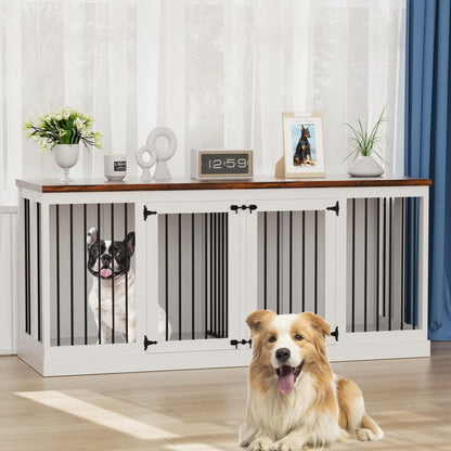 70.9 inch Double Dog Crate Furniture, Furniture Style Dog Crate Table, Wood Crates for Dogs Kennel Indoor with Removable Divider, XXL Heavy Duty Decorative Dog Crate Table for 2 Dogs (White)