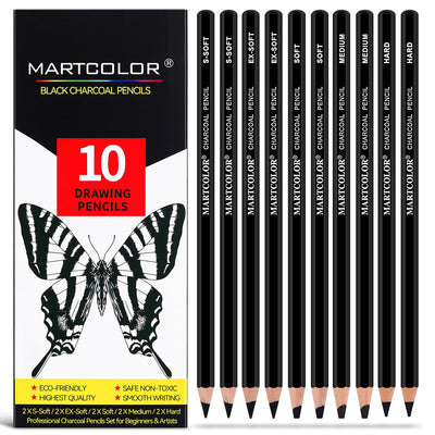 MARTCOLOR Charcoal Pencils for Drawing, 10 Pieces (S-Soft, Ex-Soft, Soft, Medium, & Hard) Black Charcoal Pencils for Sketching, Shading, Blending