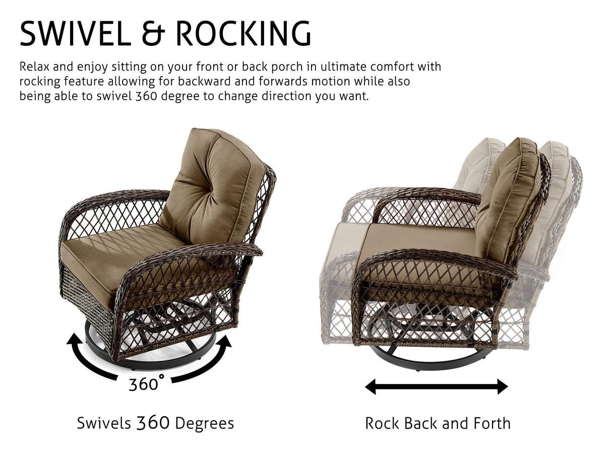 SHA CERLIN 3 Pieces Patio Furniture Set, Outdoor Swivel Glider Rocker, Wicker Patio Bistro Set with Rocking Chair, Cushions and Table (Khaki) SHA CERLIN