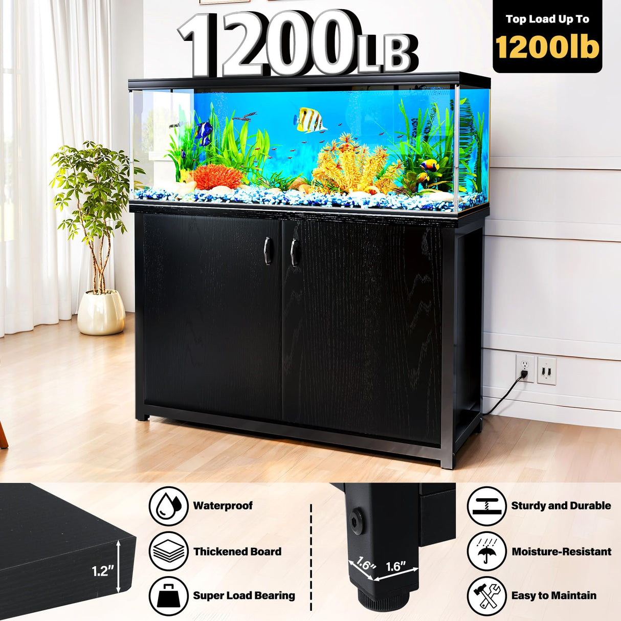 TC-HOMENY 55-75 Gallon Aquarium Stand with Charging Station, 1200lb Load Capacity, Metal Fish Tank Stand with Large Storage Cabinet and Cable Holes, 51" L x 19.5" W Tabletop, Fit for Living Room TC-HOMENY
