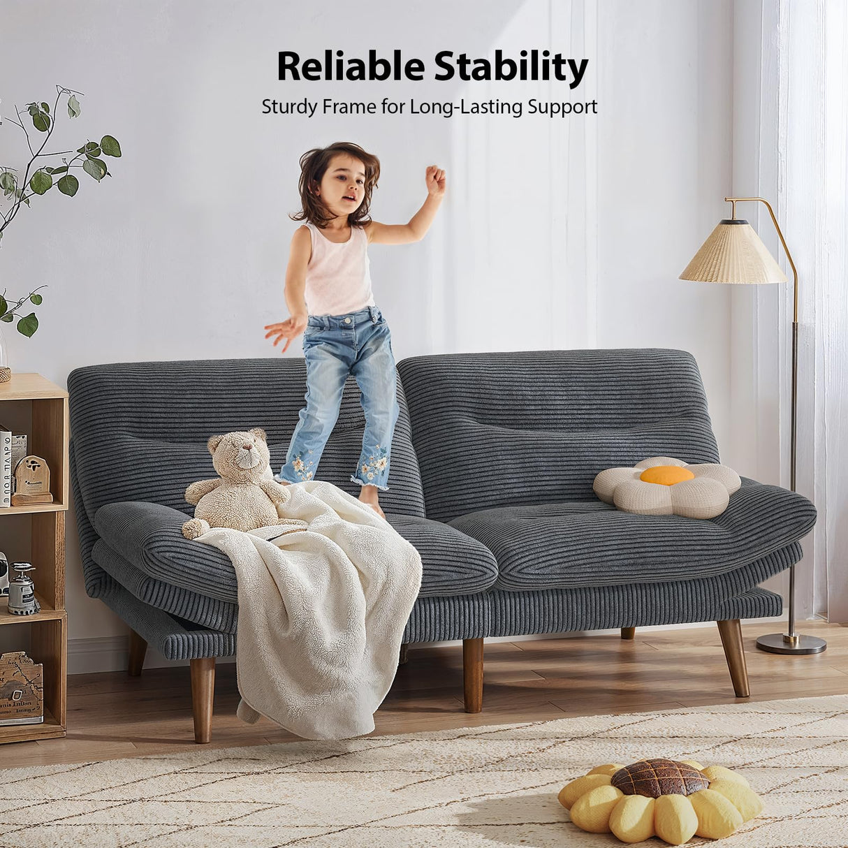 Pipishell Futon Sofa Bed, Corduroy Futon with Adjustable Backrest and Armrests, Convertible Futon Sofa Couch with Wood Frame for Small Spaces, Living Room or Office,Gray Pipishell