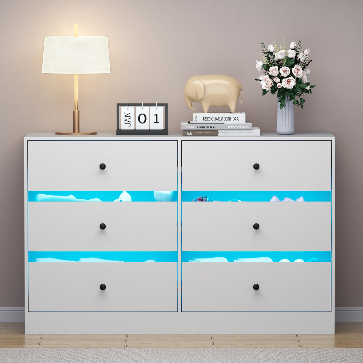 SDMY 6 Drawer Double Dresser, White Bedroom Dresser with LED Light, Baby Dresser for Nursery, Modern Wood Dresser Chest of Drawers for Living Room, Hallway SDMY