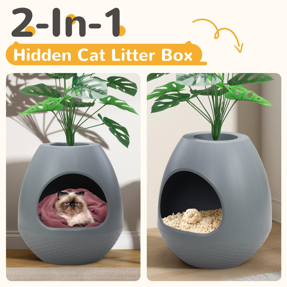 Eggloa6 Hidden Litter Box - Plant Litter Box Enclosure with Artificial Plants, DIY Cat Litter Box Furniture Extra Large (Grey) COZIWOW