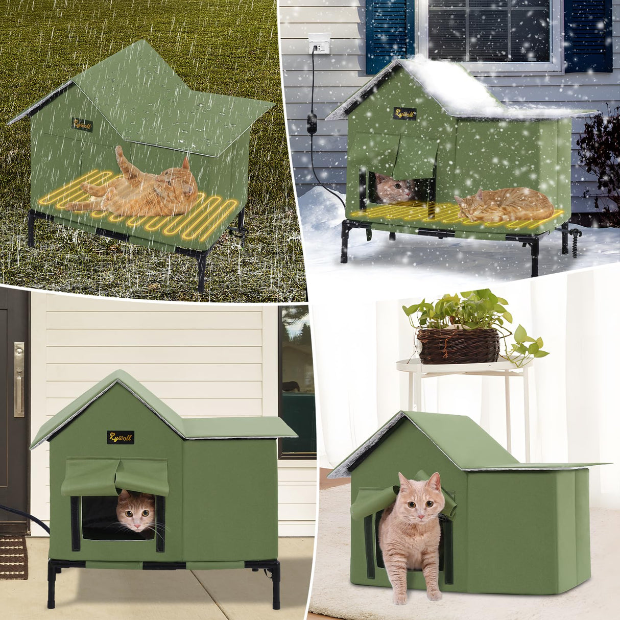 Rywell Heated Cat House for Outside Large,Super Insulated&Weatherproof,Heated Cat House for Cats, Elevated Heated Outdoor Cat House for Feral Cat with Waterproof Eaves,Timer & Temp Adjustable Rywell