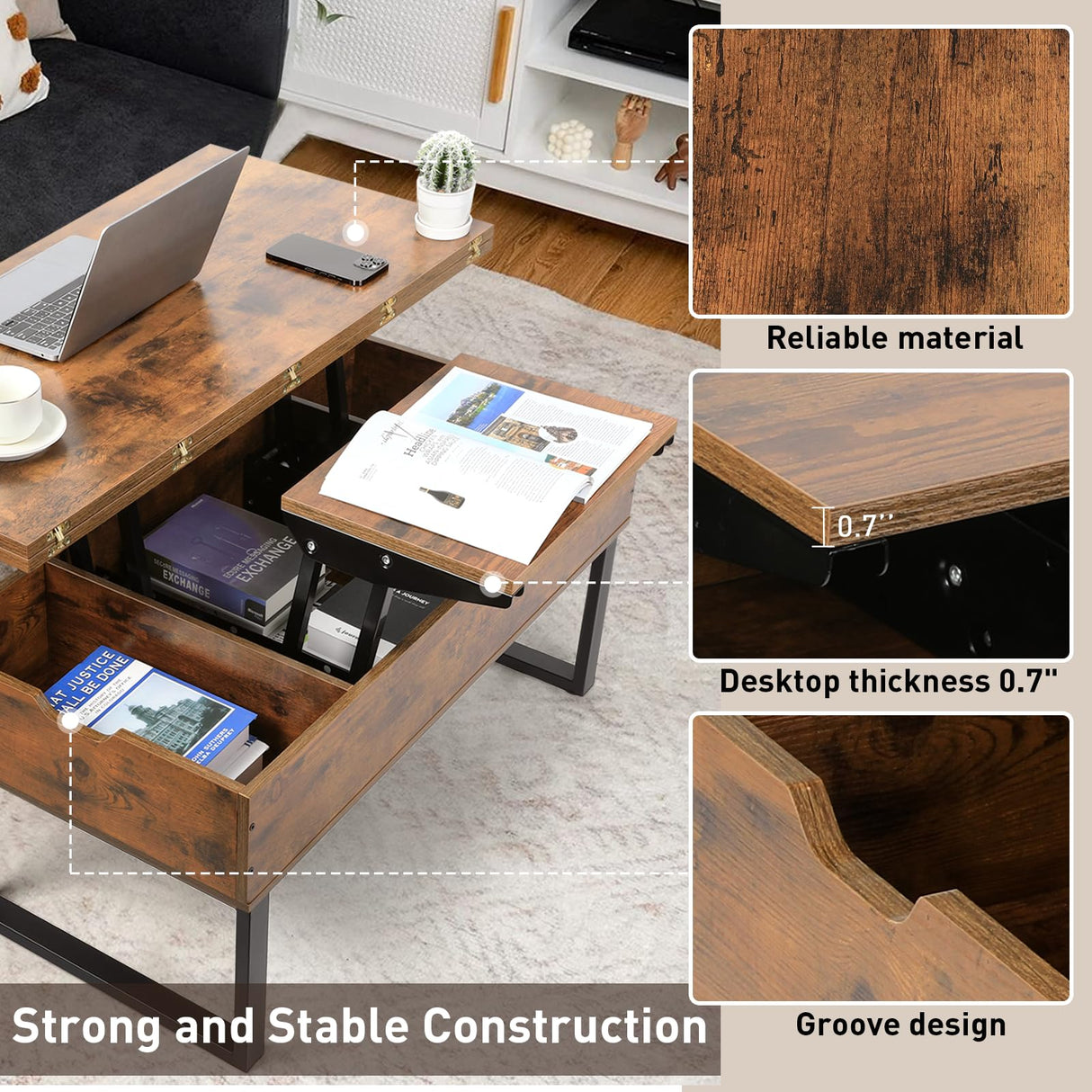 SMOOL Lift Top Coffee Table, 3 in 1 Multi-Function with Hidden Compartment for Living Room, Modern Lift Coffee Table Converts to Dining Table for Reception, Rustic Brown SMOOL