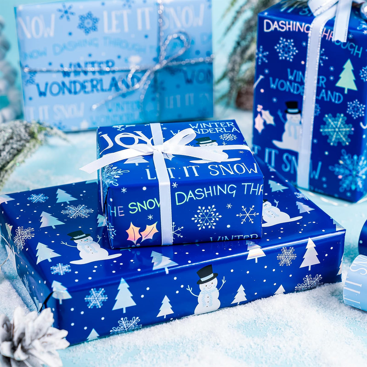 WRAPAHOLIC Christmas Wrapping Paper Roll - Mini Roll - 3 Rolls - 17 Inch x 120 Inch Per Roll - Blue and White Winter Wondland, Snowflake, Snowman Holiday Collection with Metallic Foil Shine WRAPAHOLIC