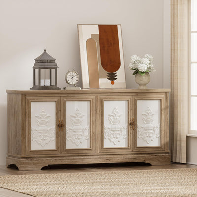 Yechen 63" Vintage Farmhouse Sideboard Buffet Cabinet with 3D Decorative Doors | Light Oak Wood Credenza with Sturdy Frame & Antique Handles | for Living Room, Kitchen, Entryway