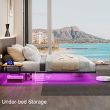 Bigu Floating Bed Frame with LED Lights Metal Platform with 2 Bedside Tables and Charging Station, Queen Bigu