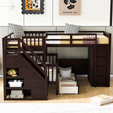 L-Shaped Bunk Bed for 4 Kids, Twin-Twin Over Full with 3 Drawers, Portable Desk and Wardrobe, Solid Wood Bedframe with Stairs and Full-Length Guardrails, No Box Spring Needed (Espresso) BEDGJH