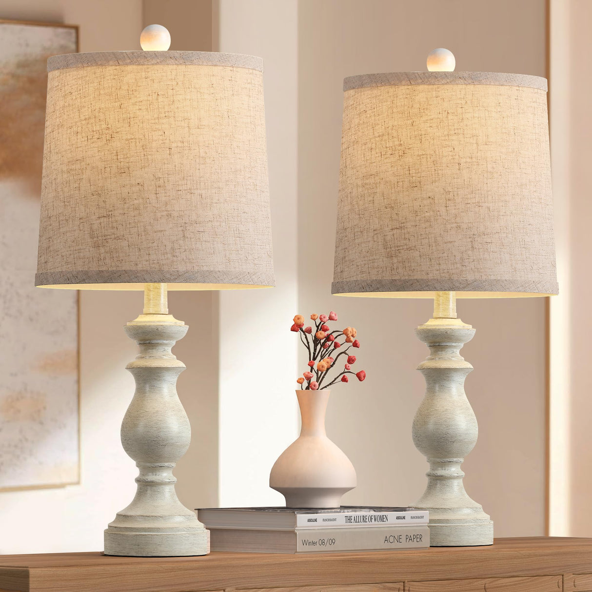 PARTPHONER Traditional Table Lamp Set of 2, Rustic Farmhouse Table Lamps for Living Room Bedroom, 22" Bedside Desk Lamps Vintage Nightstand Lamps with Linen Shades, Antique White PARTPHONER