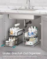 SONGMICS 2-Tier Pull Out Cabinet Organizers, Under Sink Organizer, Bathroom Organizer and Storage, Sliding Basket Drawers, Stackable for Kitchen, Bathroom, Metallic Silver UKCS017E01 SONGMICS