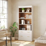 LITTLE TREE 72-Inch Tall White Bookcase, 5-Tier Wooden Open Display Bookshelf with 2 Drawers fits Letter, Legal, A4 Size, Modern Floor Standing Storage Organizer for Home Office & Living Room,Bedroom LITTLE TREE