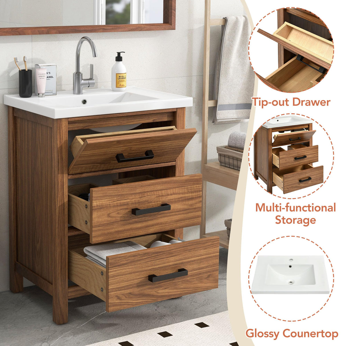 Merax 24 Inch Bathroom Vanity with Sink,Mid Century Modern Bathroom Vanity with 2 Deep Drawer & Tip-Out Tray,Ceramic Sink with Integrated Countertop,Solid Wood Frame,Wood Grain Finish Merax